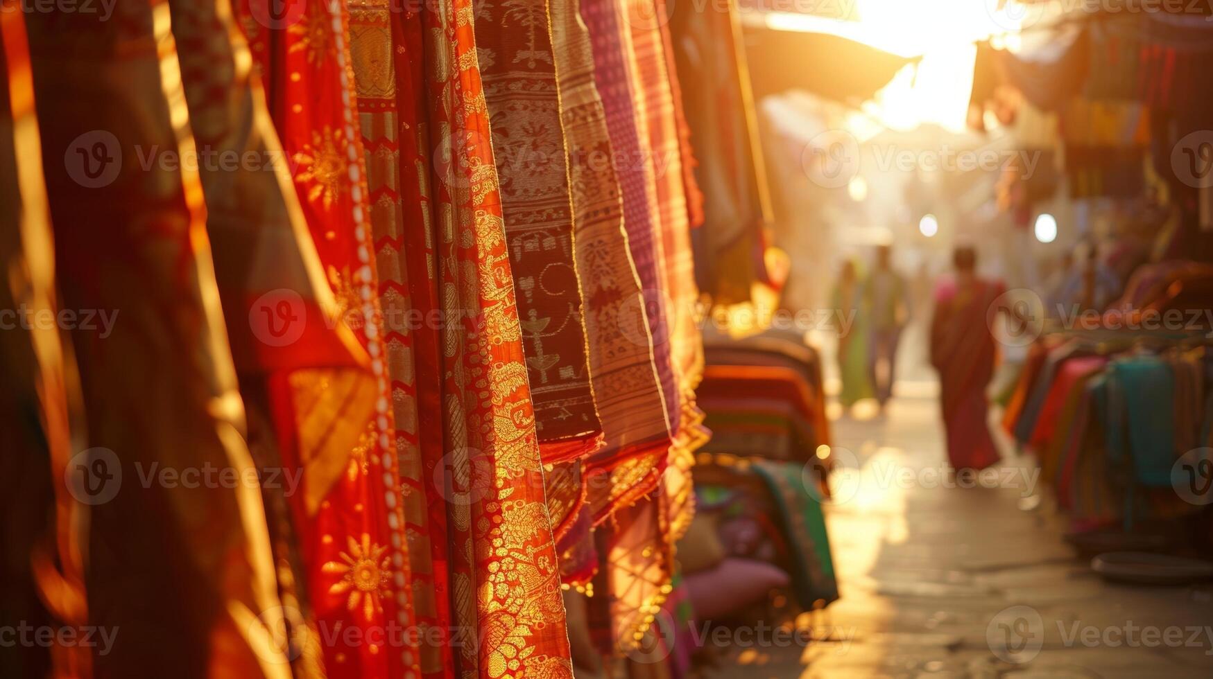The patterned border of a sari catching the eye of a curious shopper in a market full of textile vendors photo