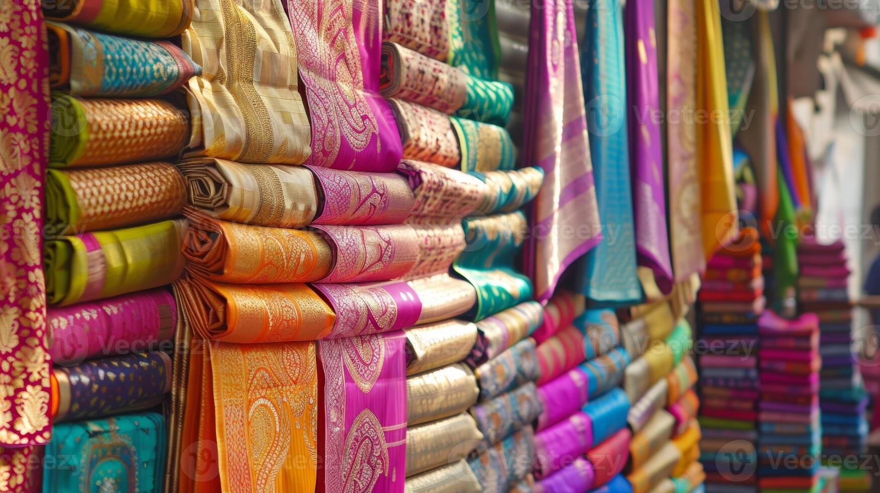 A market stall filled with an array of saris in every color and pattern imaginable with eager customers inspecting each one photo