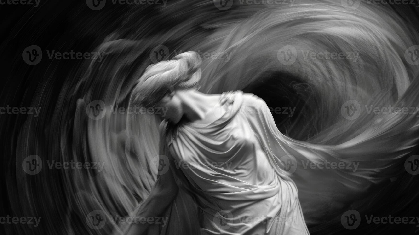 A toga caught in a whirlwind swirling and twirling around the wearers body as they try to hold onto it photo