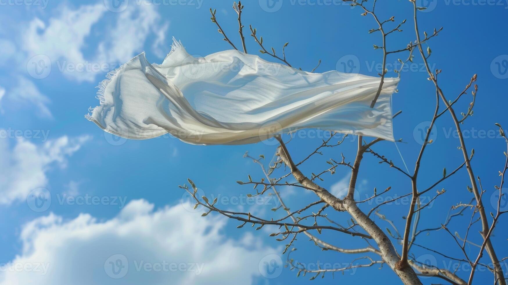 A toga caught in a tree branch fluttering gently in the wind like a banner against the blue sky photo
