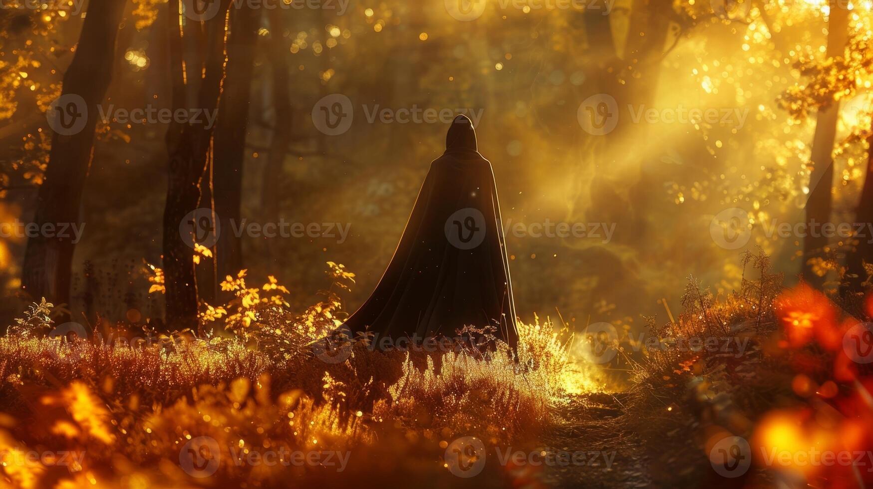 The dark mystical cloak soaring against the backdrop of a vibrant autumn forest photo