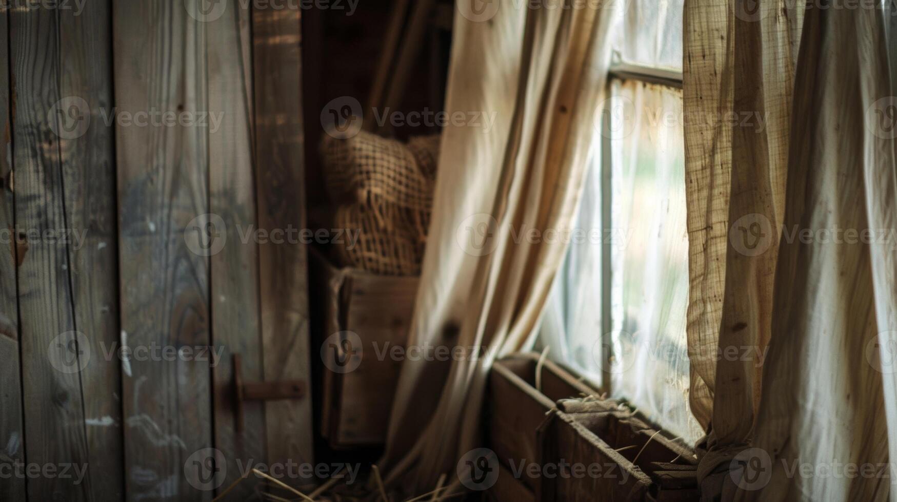 Through the fluttering curtains one can catch glimpses of the rusted farm tools and old wooden crates stored in the cozy barn photo
