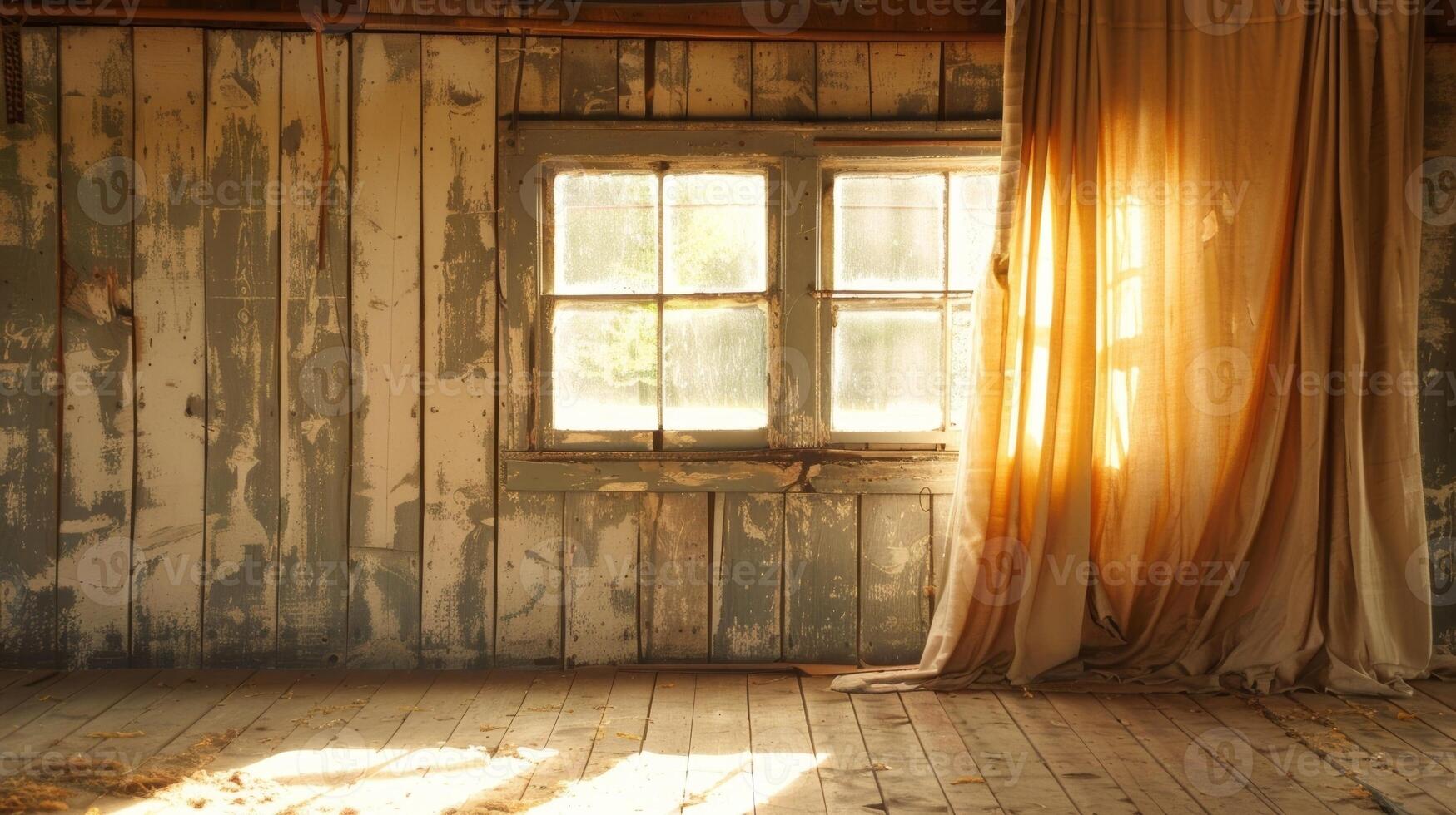 Warm sunlight pours through gaps in the barn walls highlighting the graceful movement of the curtains photo
