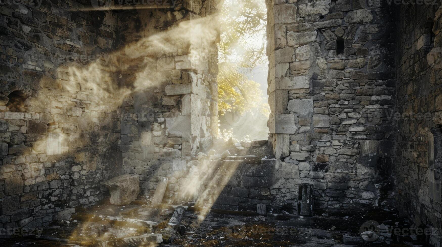 The forgotten castle takes on a mystical quality as wispy scraps of fabric dance around its ancient stone walls photo