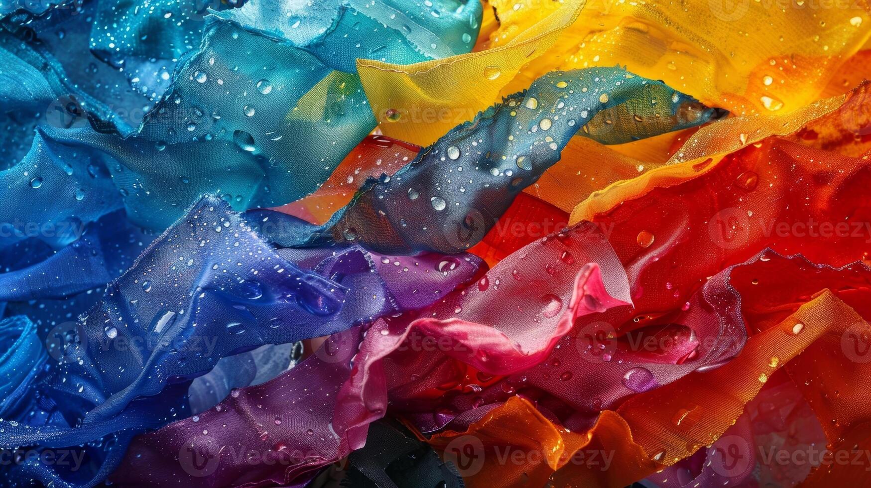 A rainbow of cloth scraps tumbles chaotically in the midst of a monsoon storm their patterns and colors blending together in a wet disorienting blur photo