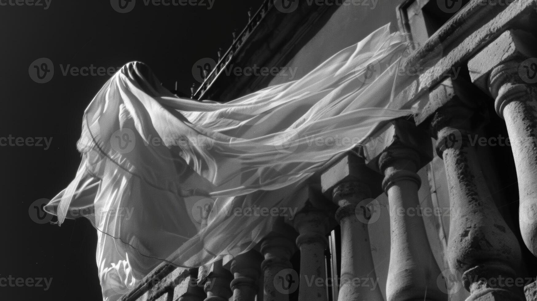 The wind catches a billowy dress hanging on a balcony giving the illusion of a ghostly figure photo