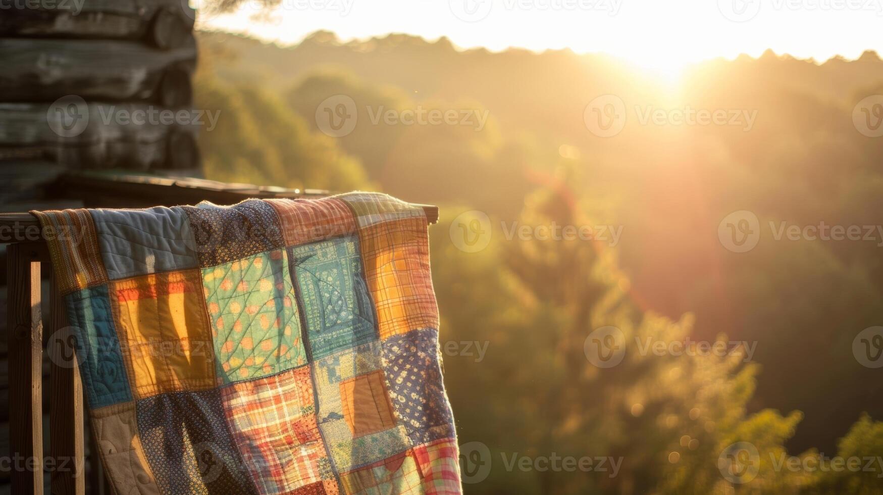 A patchwork quilt is tossed about in the wind d over the edge of a balcony on a rustic farmhouse photo