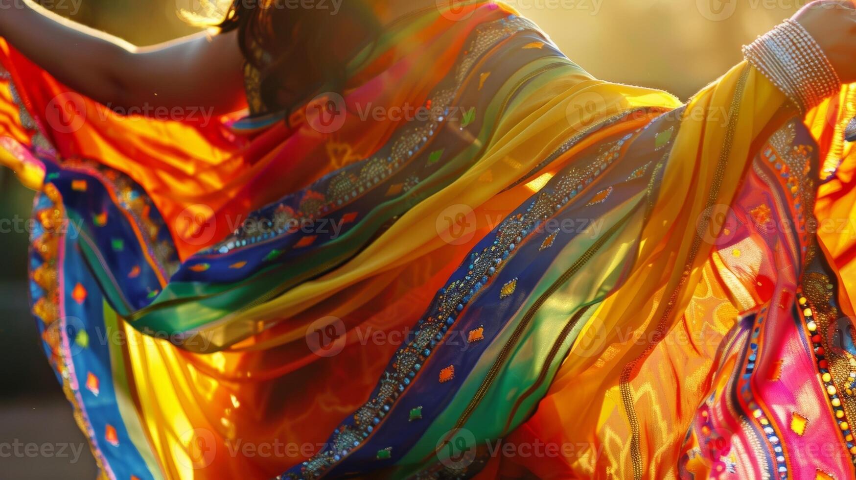 A kaleidoscope of colors and patterns in the fabric enhancing the energy and passion of the dance photo