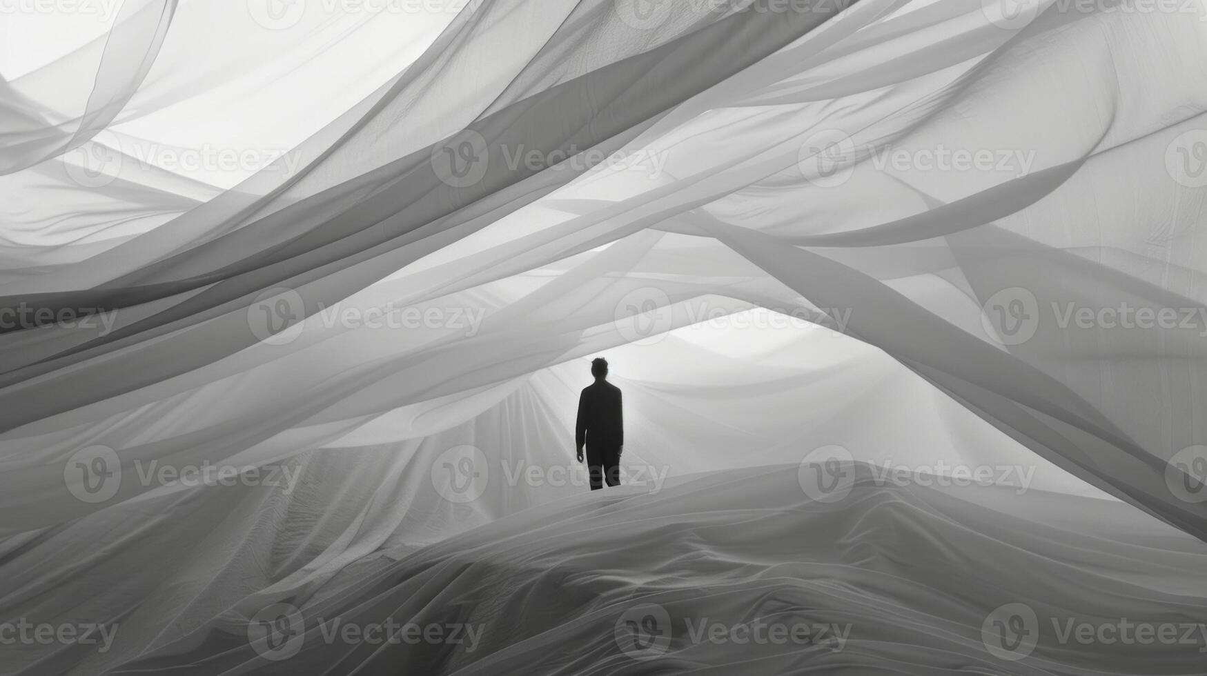 A solitary figure stands on the edge the fabric caught in a moment of stillness before whipping up in a frenzy again in an endless loop of movement photo