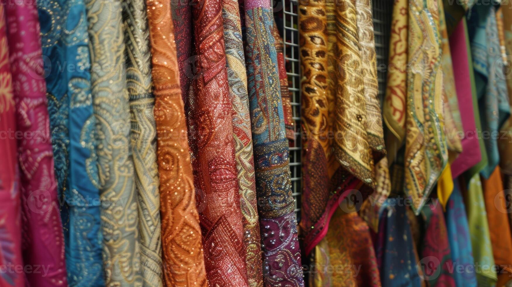 Pieces of fabric cascade down from wire racks creating a waterfall of rich textures and hues for shoppers to peruse photo