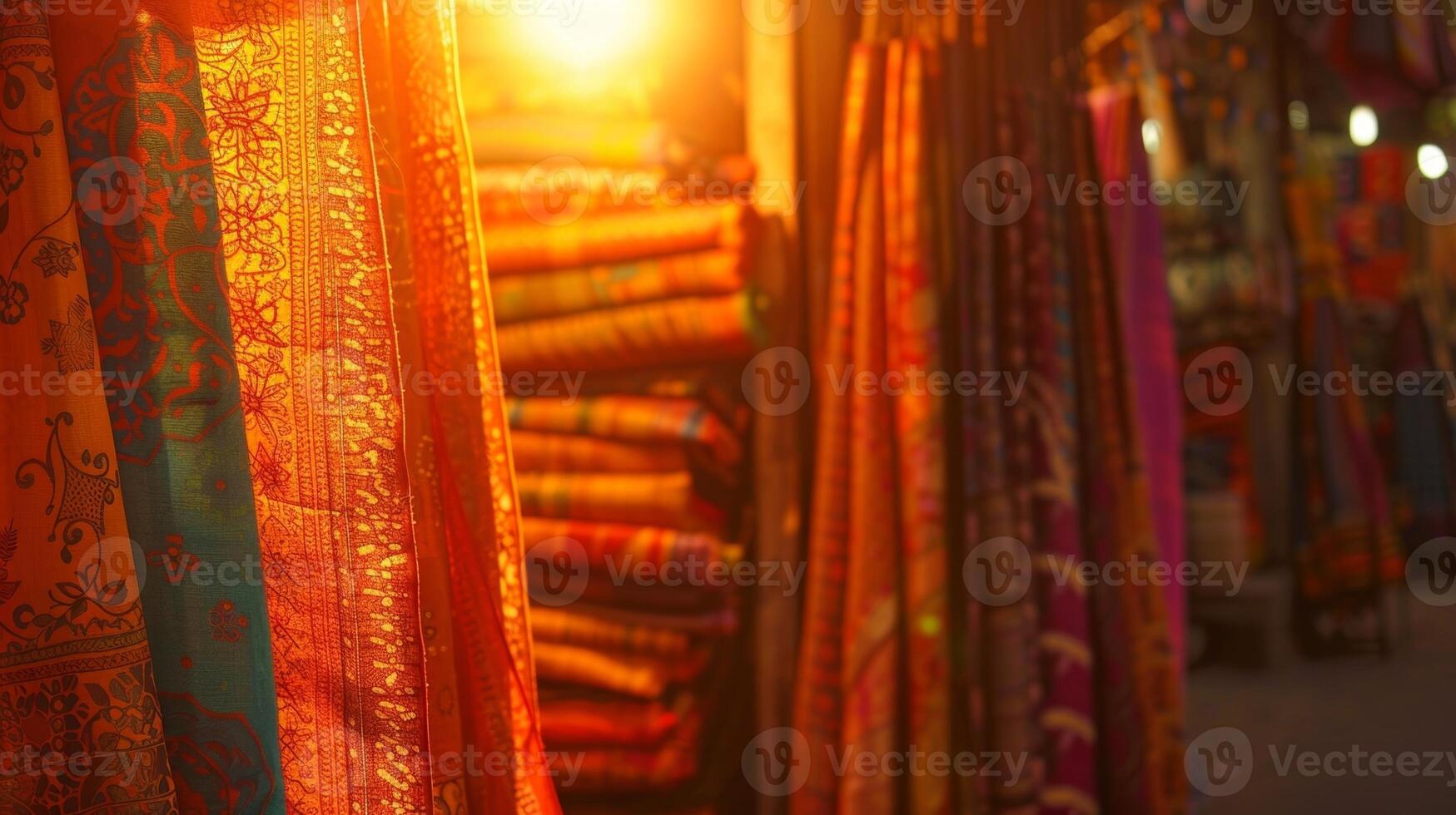 As the sun sets the markets fabric stalls transform into a magical scene with the fabric reflecting the warm golden hues of the setting sun photo