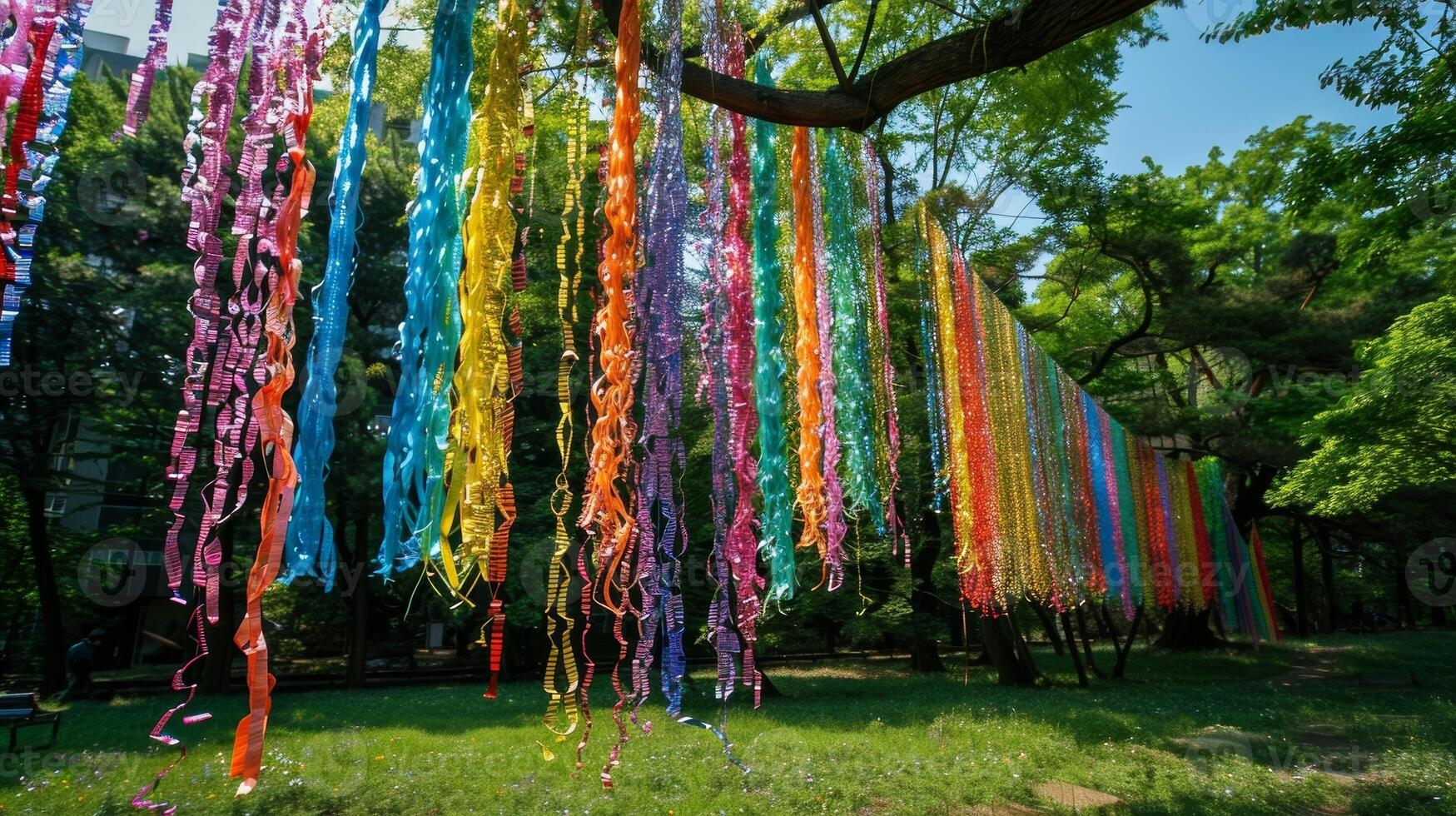 A sea of delicate ribbons cascades down from the branches above adorning the park with vibrant hues photo