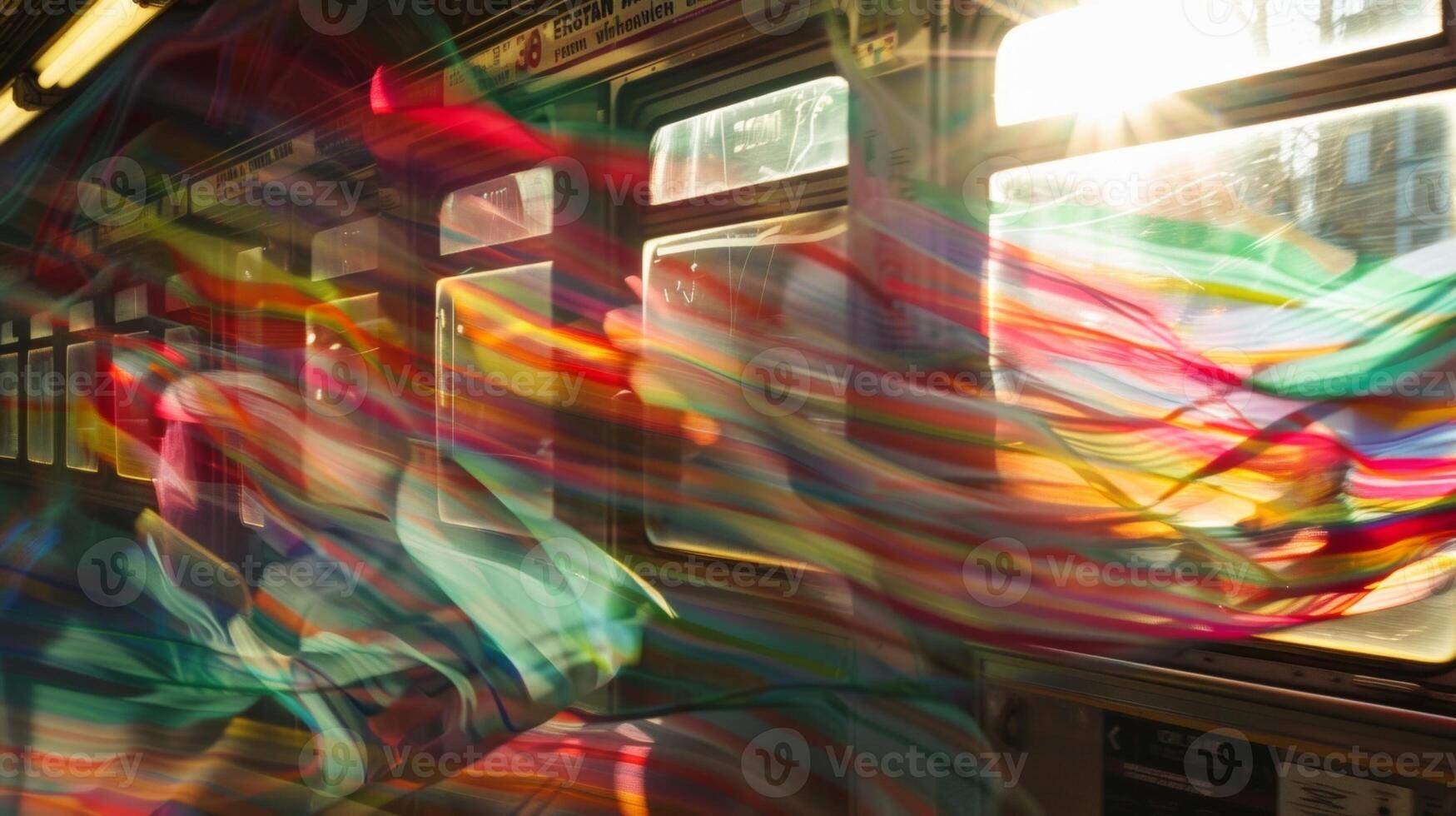 The fabric scraps flying past a poster of the train schedule giving the illusion of a colorful blur photo