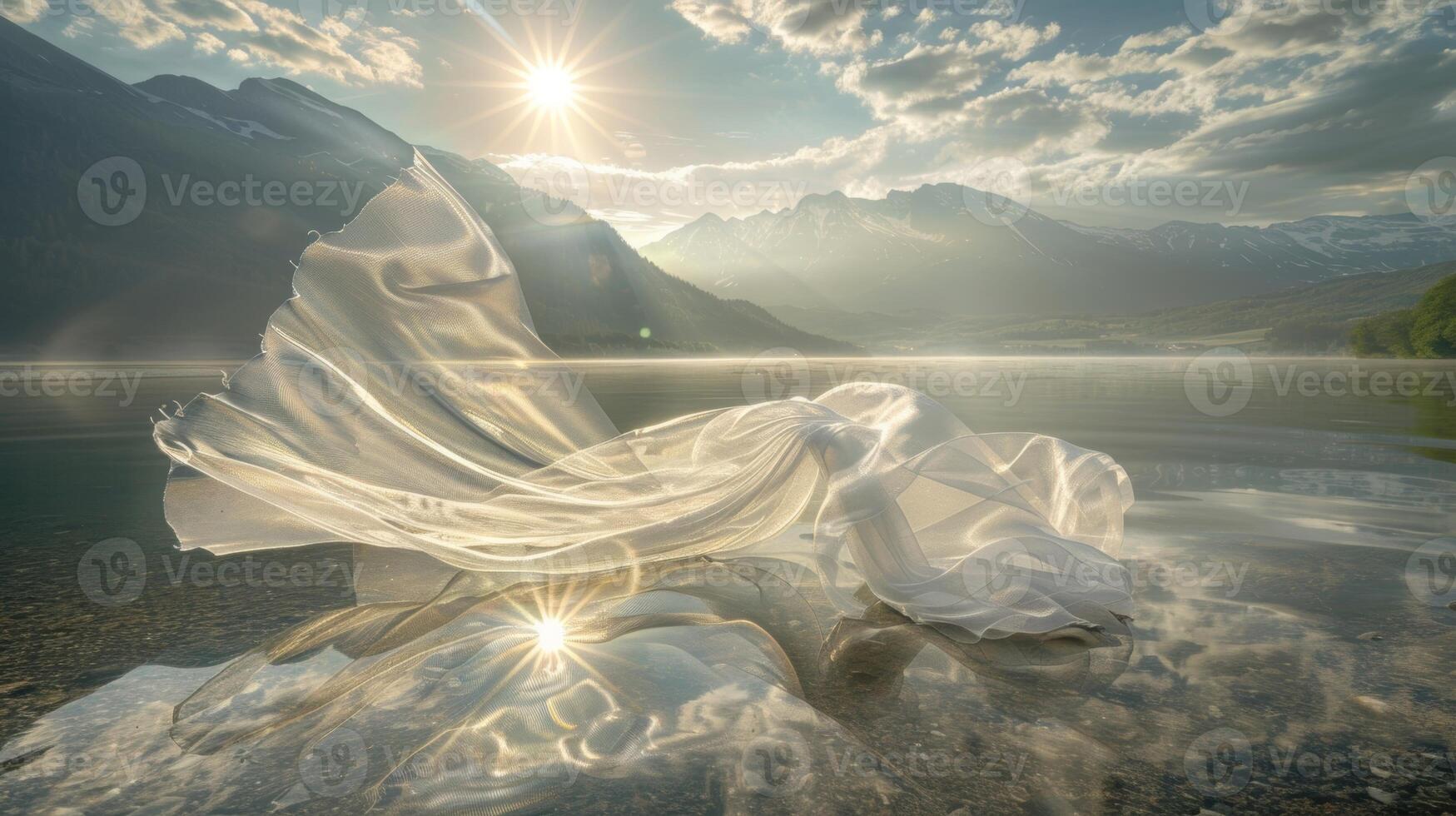 A romantic sight of gossamer fabric floating gracefully over a reflective lake creating a stunning panorama photo