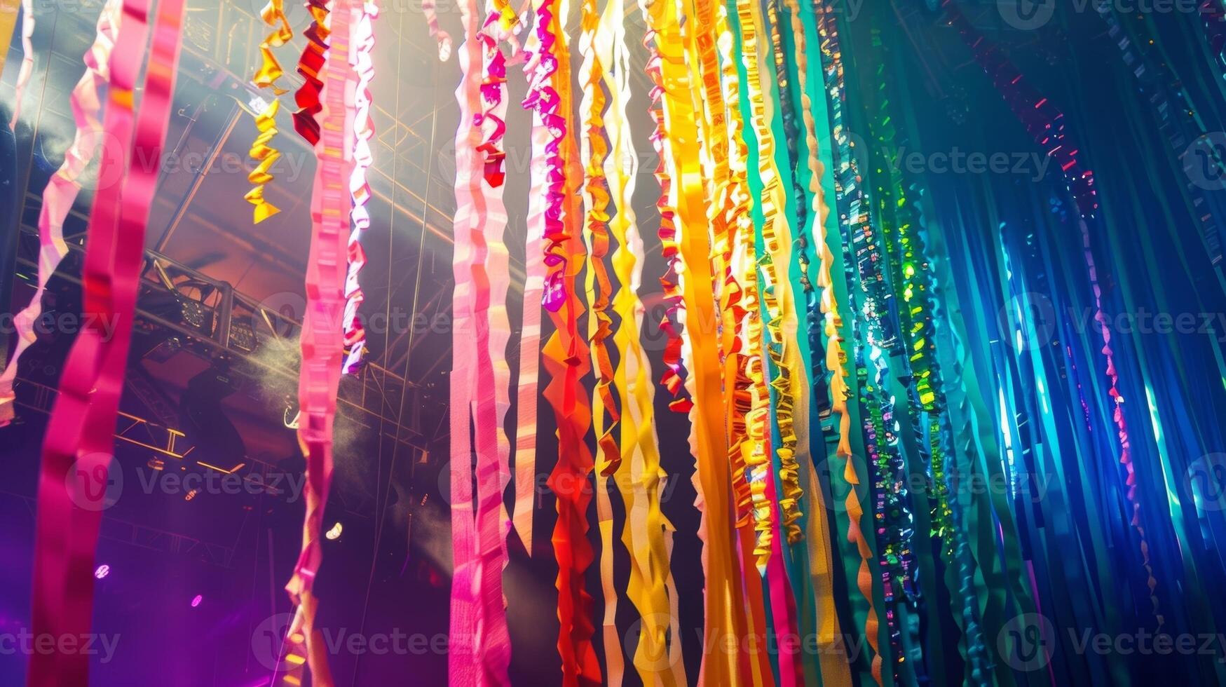 A jumble of rainbowcolored streamers hanging from the stage and bouncing in the wind at an amphitheater photo