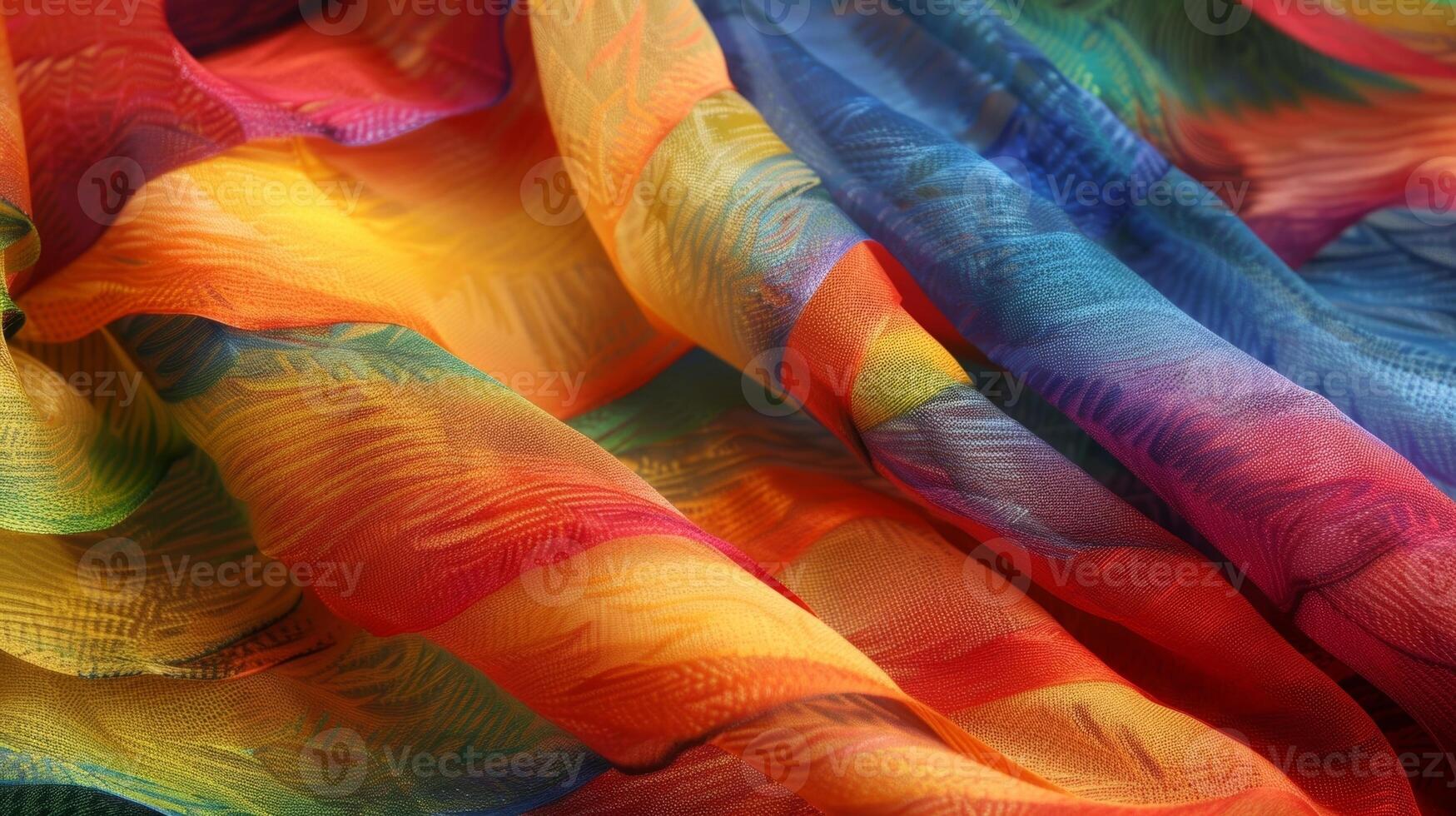 The rainforest becomes a canvas brushed with vibrant strokes of color as a rainbowhued fabric floats and flutters in the wind photo