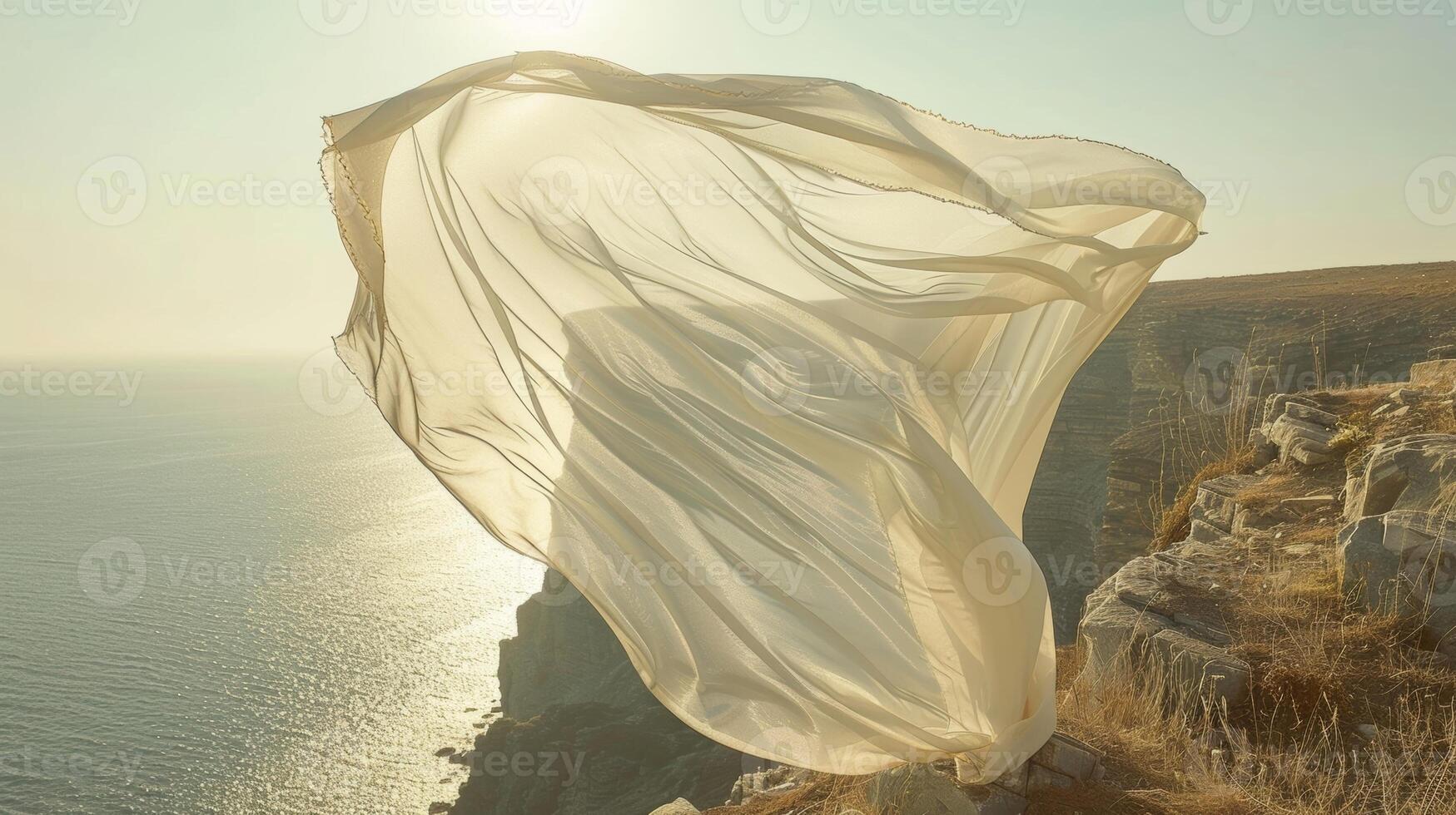 Wispy translucent fabric hangs elegantly from the edge of the cliff adding a touch of delicate beauty to the rugged landscape photo