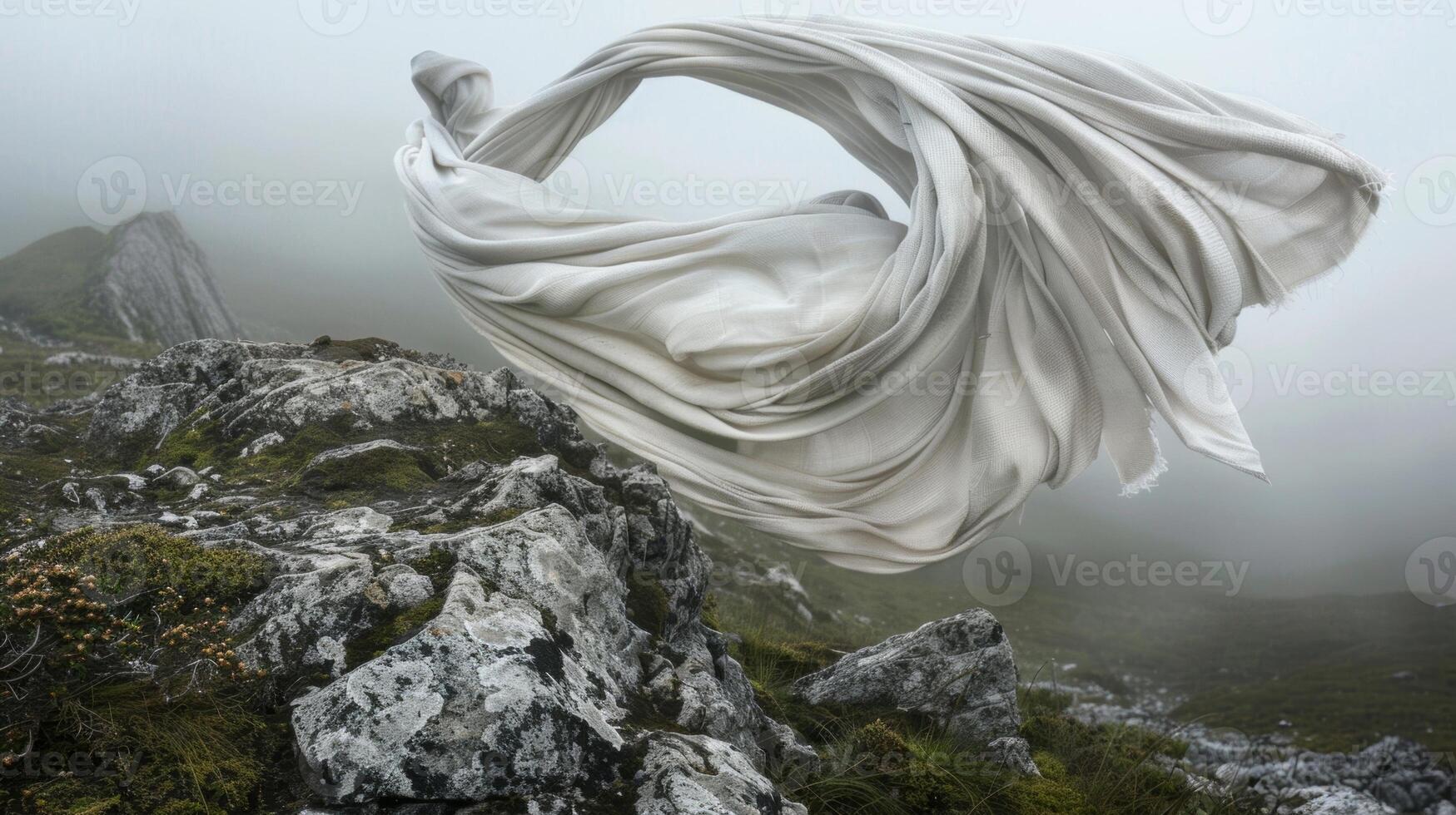The fabric on the mountaintop is like a living creature twisting and turning in the relentless wind as it clings to the rocky surface photo