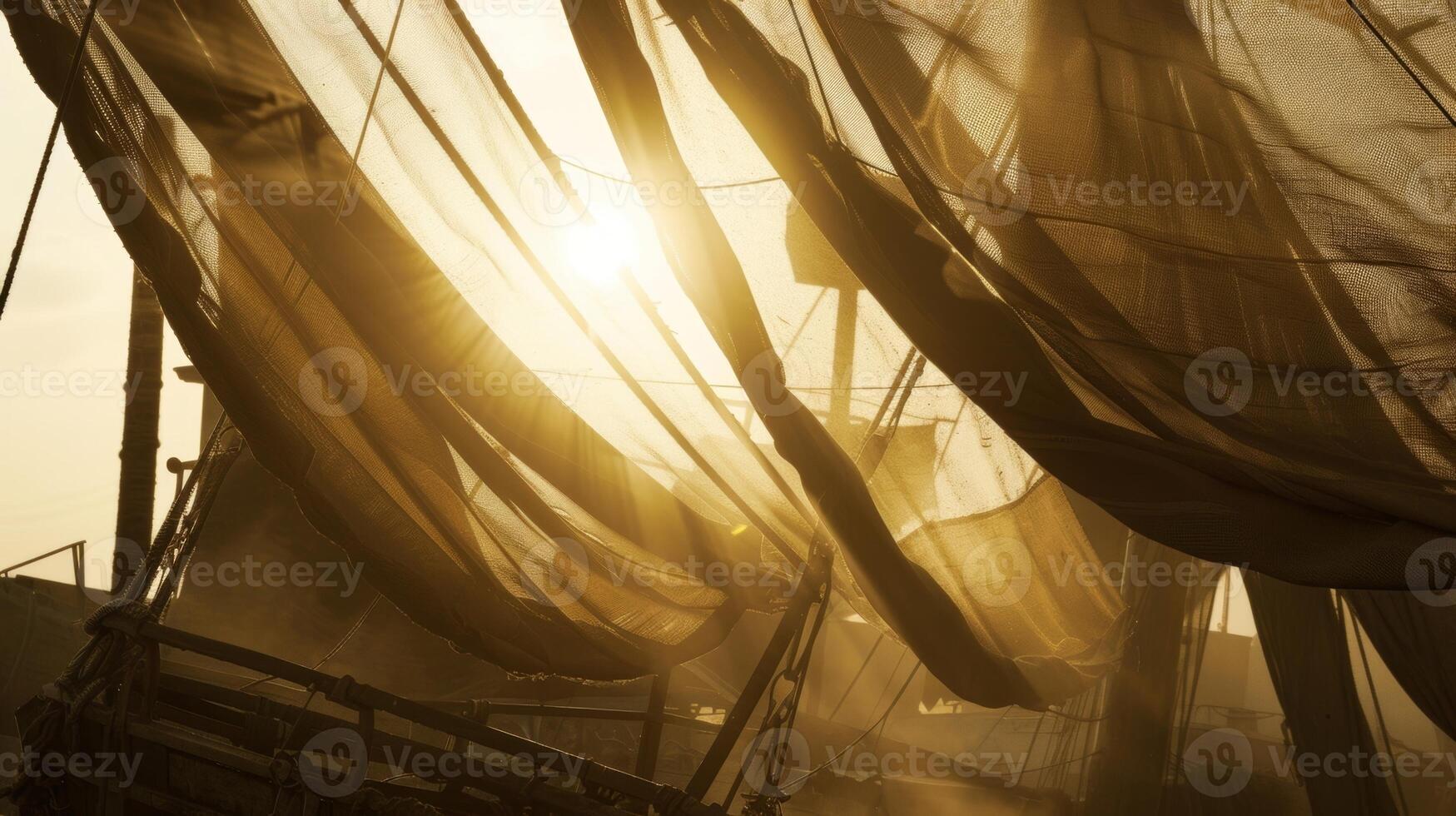 Thick bolts of fabric are tied securely to the crane creating a makeshift canopy in the wind photo