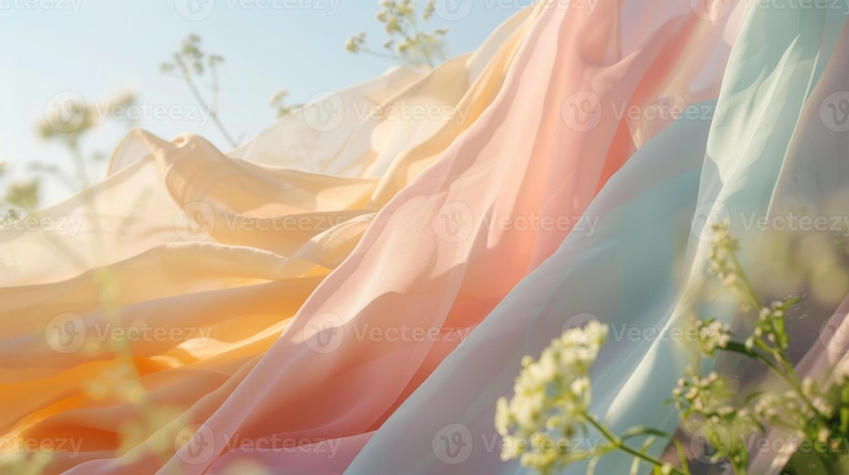 Soft pastel fabric fluttering in the breeze on a serene rooftop garden photo