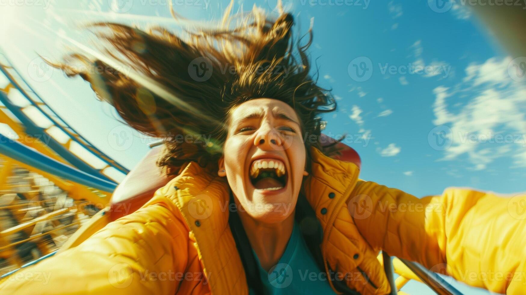 A daring rider caught in the exhilarating combination of wind and cloth on a wild roller coaster ride photo