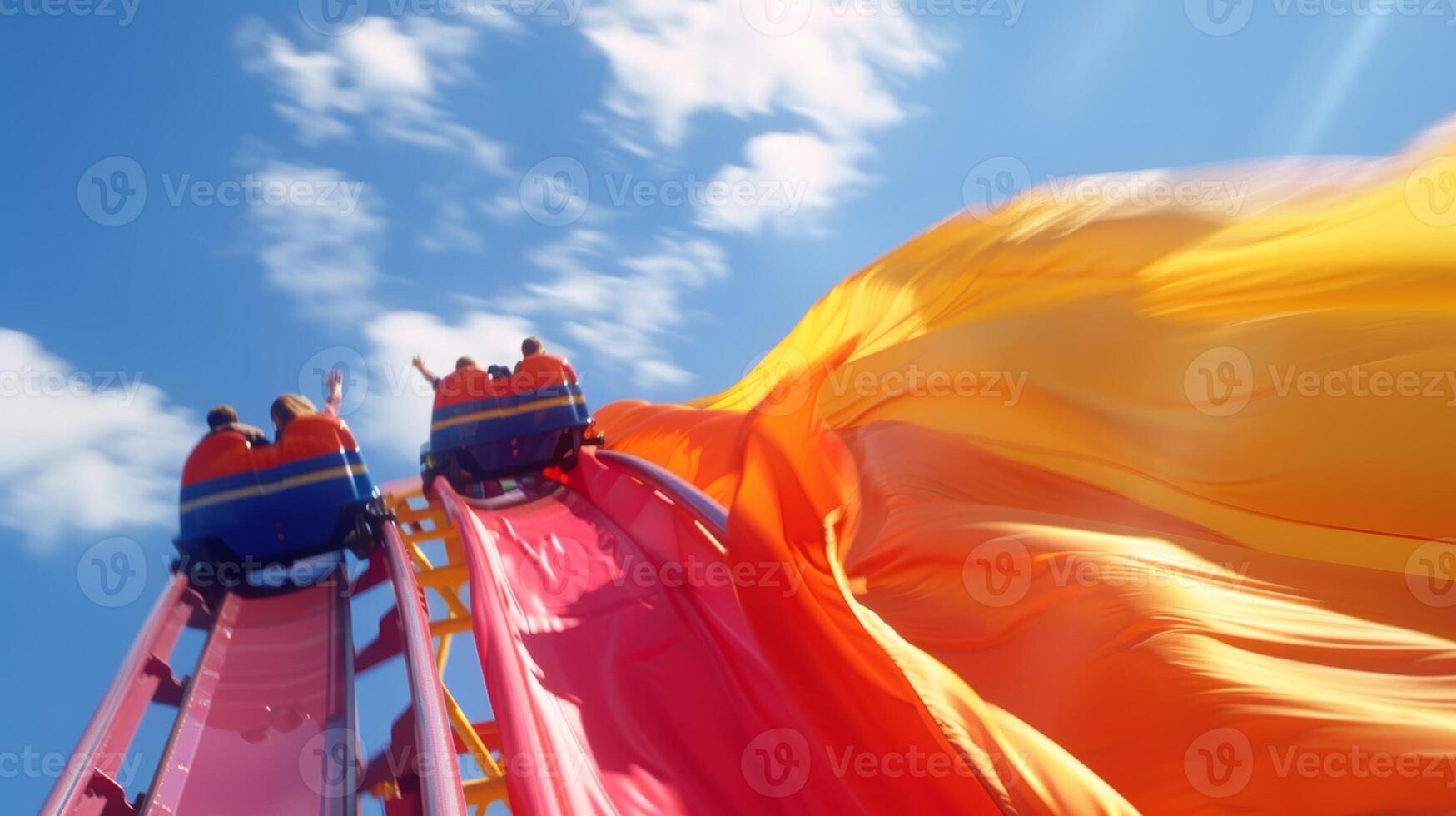 The windwhipped fabric of a flag billowing behind the carts on a daring roller coaster course photo