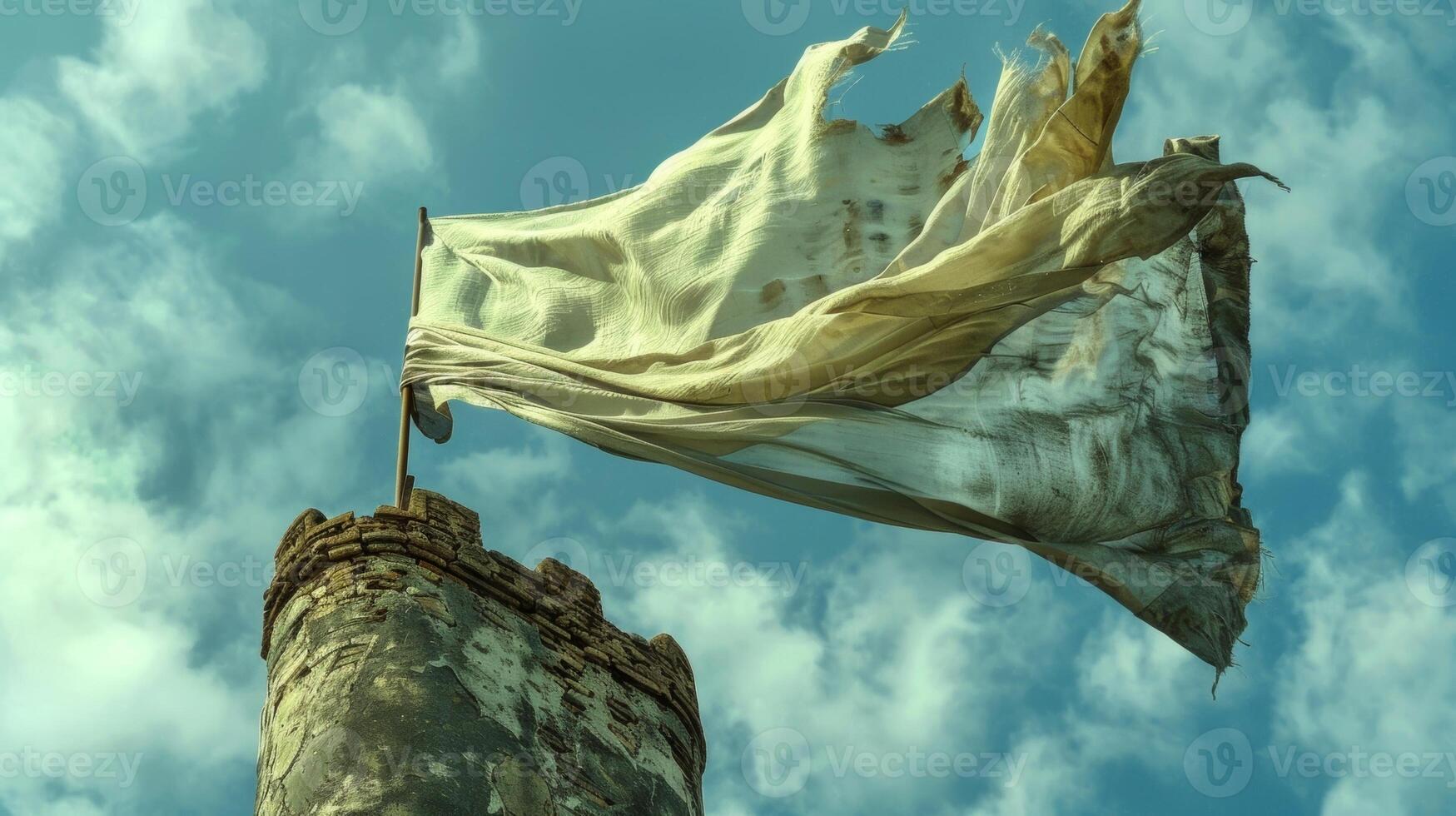 A sense of movement and life exuding from the fabric as it billows and ripples in the breeze atop the still turret photo