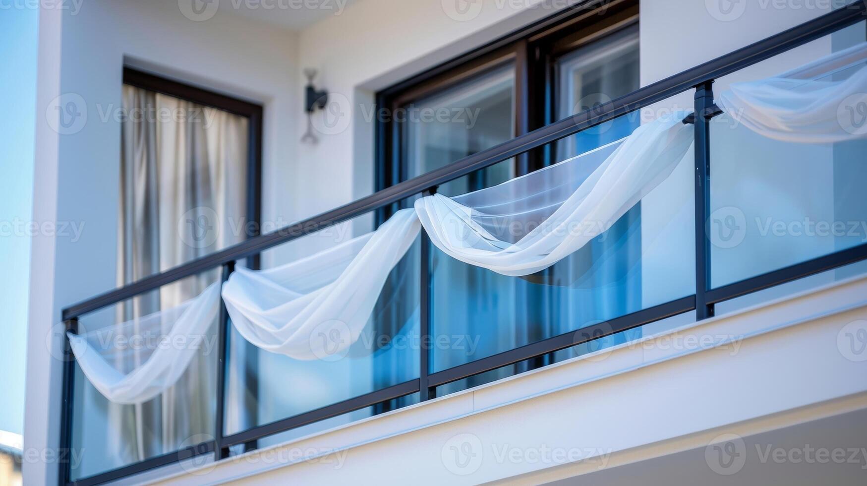 A stunning contrast of the bold solid balcony railing and the ethereal fabric fluttering above it photo