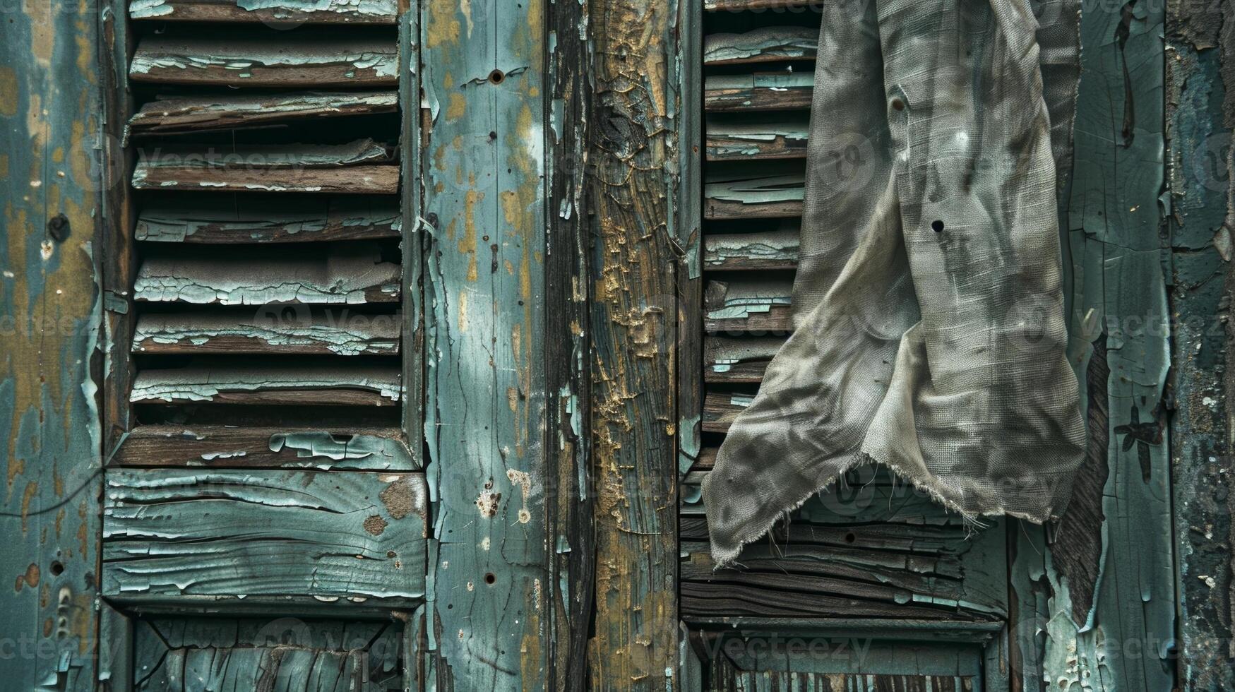 Tattered pieces of fabric flap against ancient wooden shutters creating a haunting rhythm photo