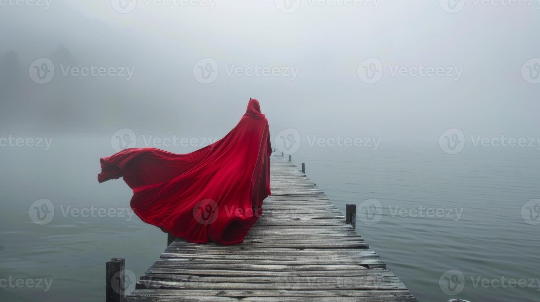 A long velvet cloak brushes against the damp wood of the foggy dock caught in the gusty wind photo