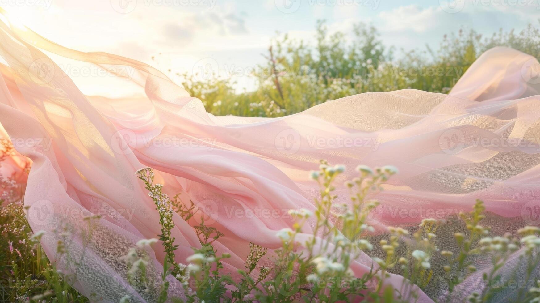Soft pastelcolored fabric swaying gracefully in a hilltop garden creating a dreamy atmosphere photo
