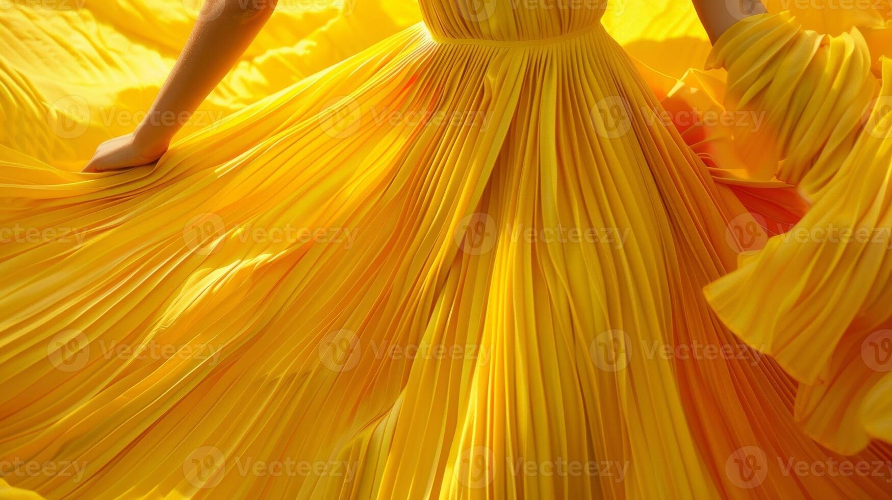 A yellow summer dress caught in a gust its pleated skirt creating a mesmerizing pattern photo