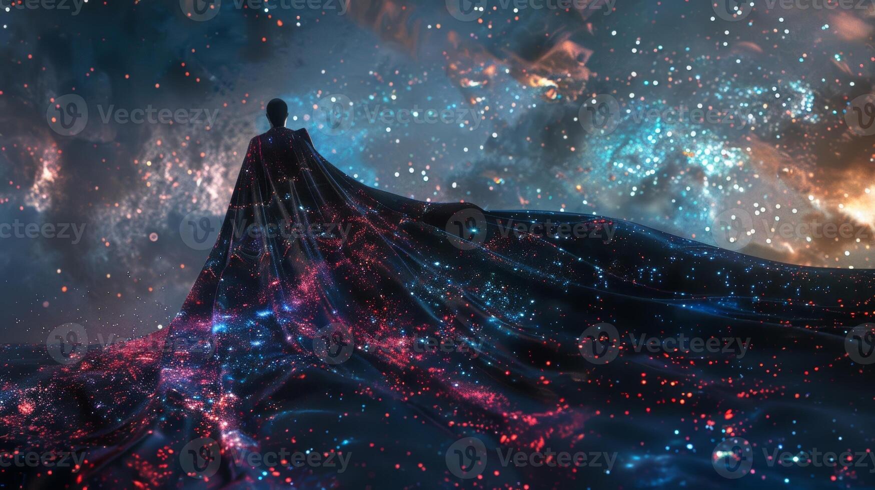Against a starry sky a heros cape made of galaxyinspired fabric flows behind them adding to their cosmic persona photo