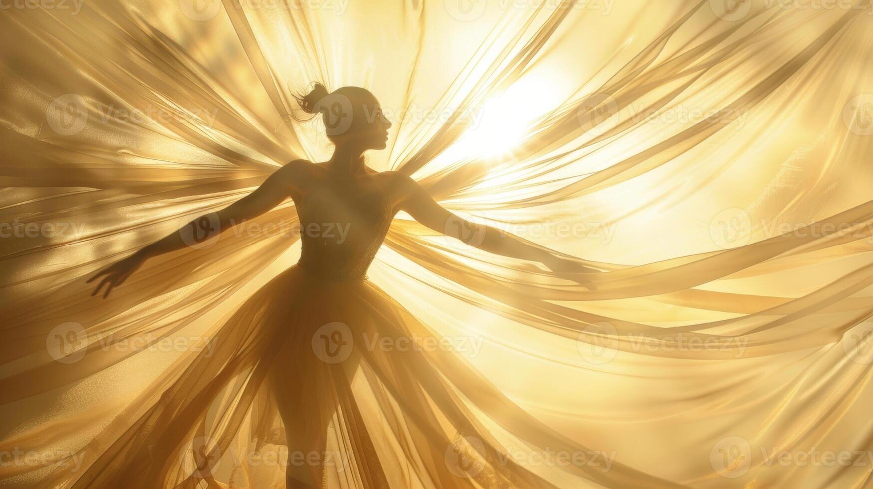 A graceful ballet dancer surrounded by floating tulle ribbons photo