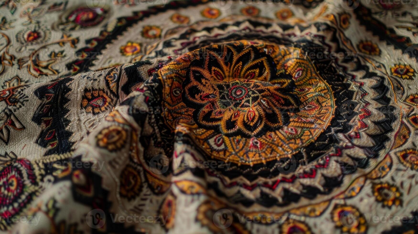 An intricately patterned Afghan blanket whirling in a circle its delicate threads reflecting the light photo