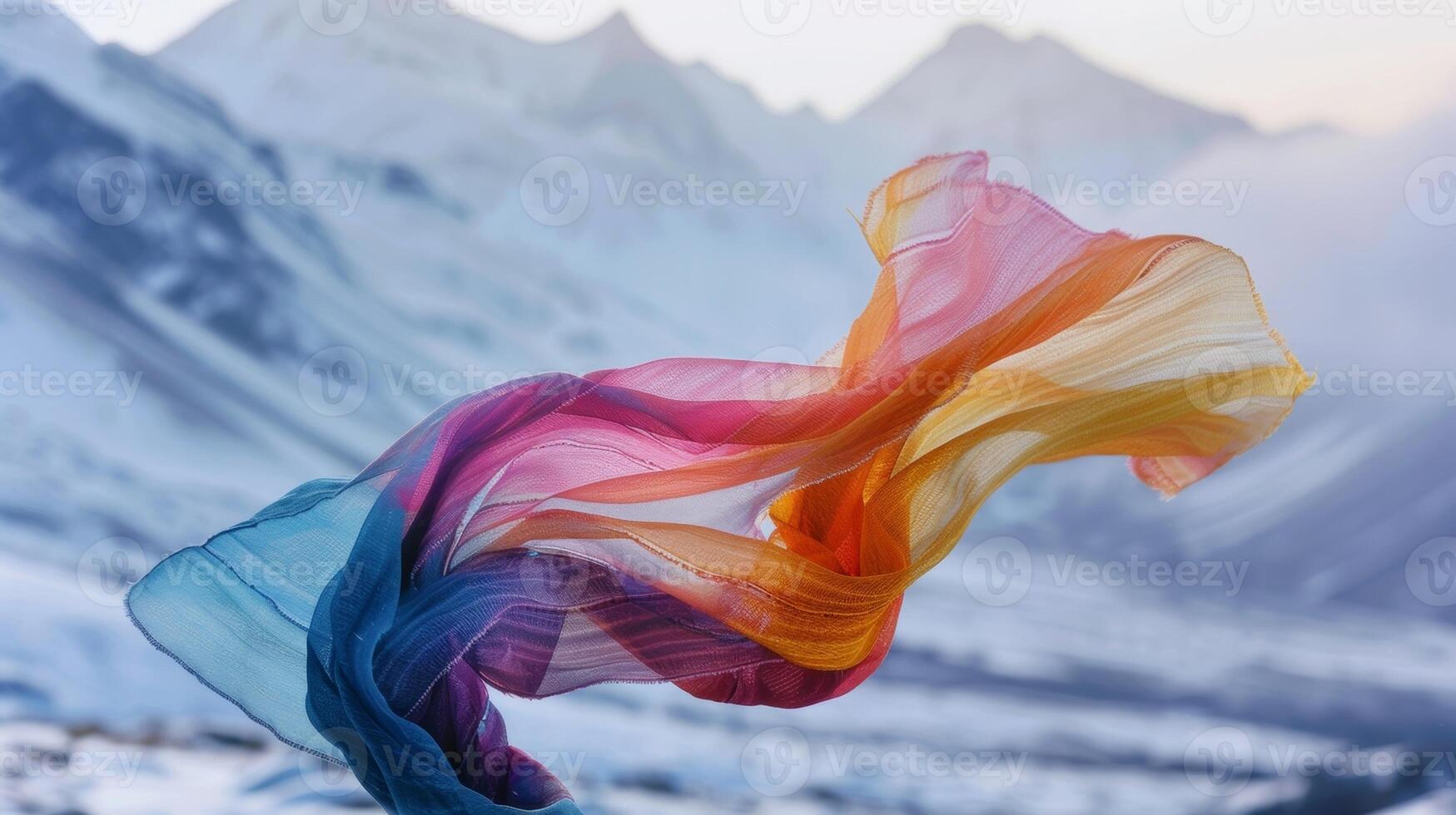 Against a backdrop of snowcapped mountains a shawl dances in the icy wind creating a mesmerizing display of colors photo