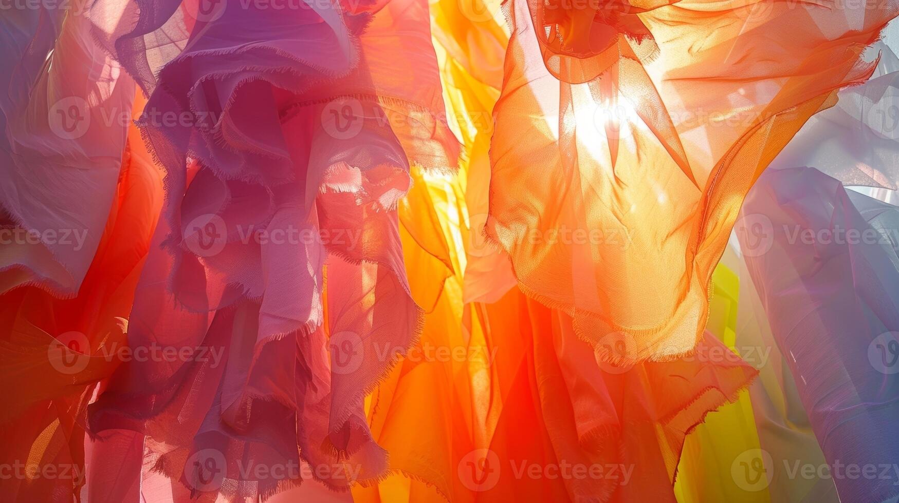 Ruffled and gathered fabric pieces hanging at different lengths creating a dynamic and kinetic display when moved by the wind photo