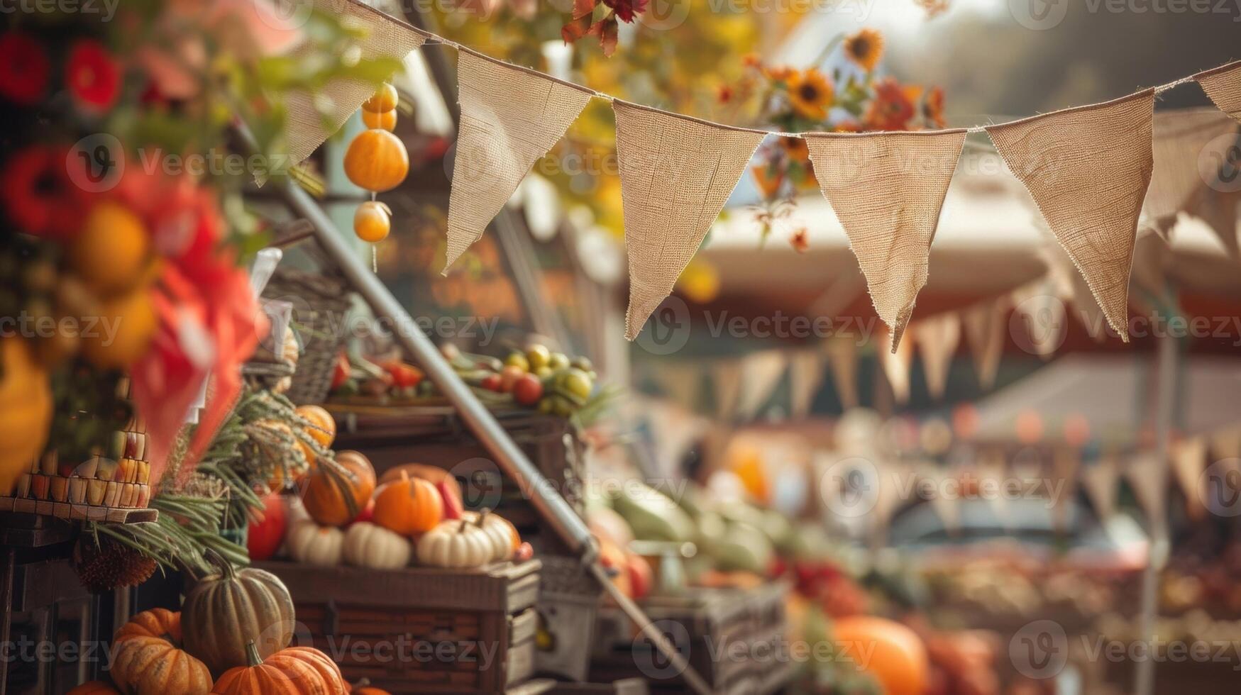 An autumnal harvest festival with fluttering burlap banners and flags creating a cozy and festive atmosphere photo