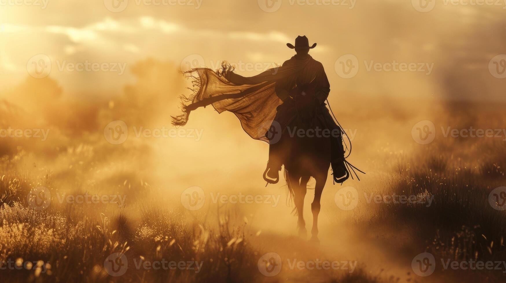 A ranch hand riding through a dusty field with a tattered poncho streaming behind them in the wind photo