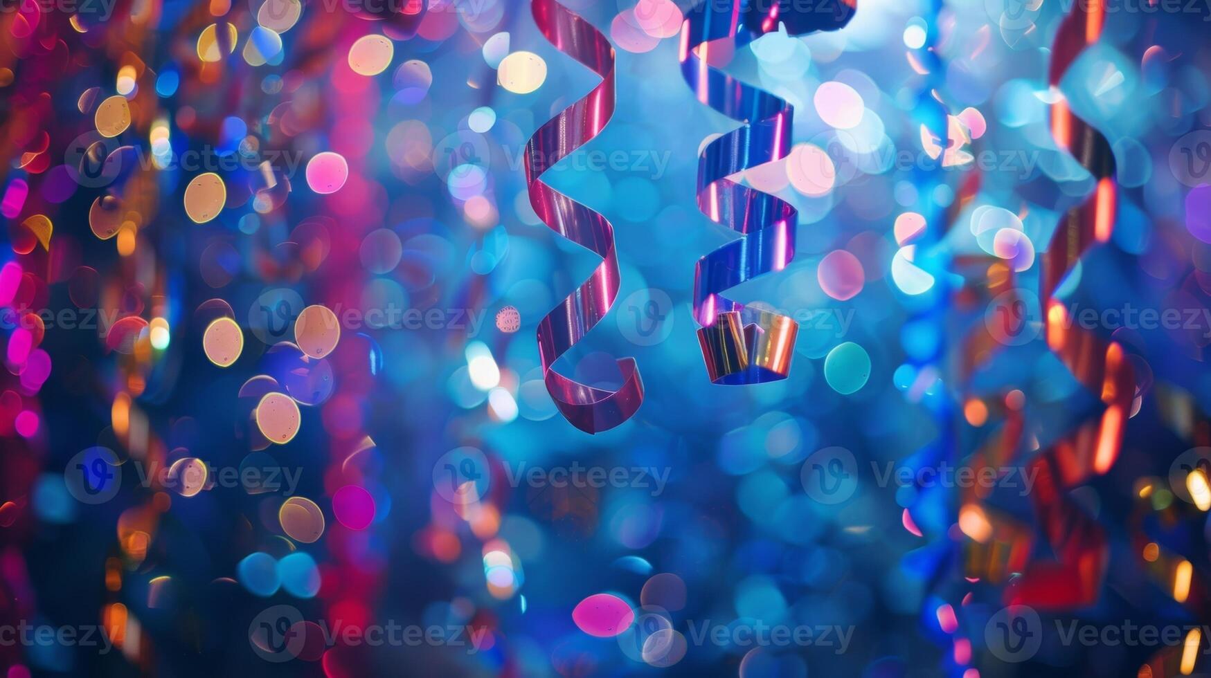 A New Years Eve party with streamers hanging from the ceiling photo