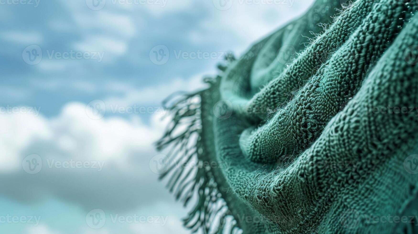 The fringed edges of a deep green prayer shawl ripple in the wind creating a mesmerizing pattern against the clouds photo