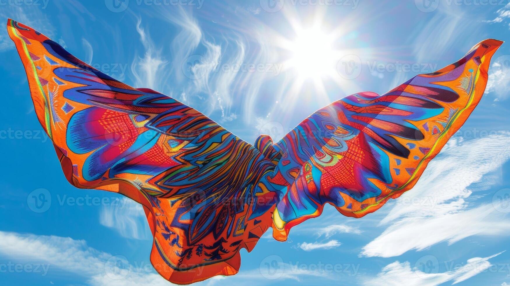 The bold patterns and colors of a tribalinspired prayer shawl make it look like a powerful bird soaring through the sky photo