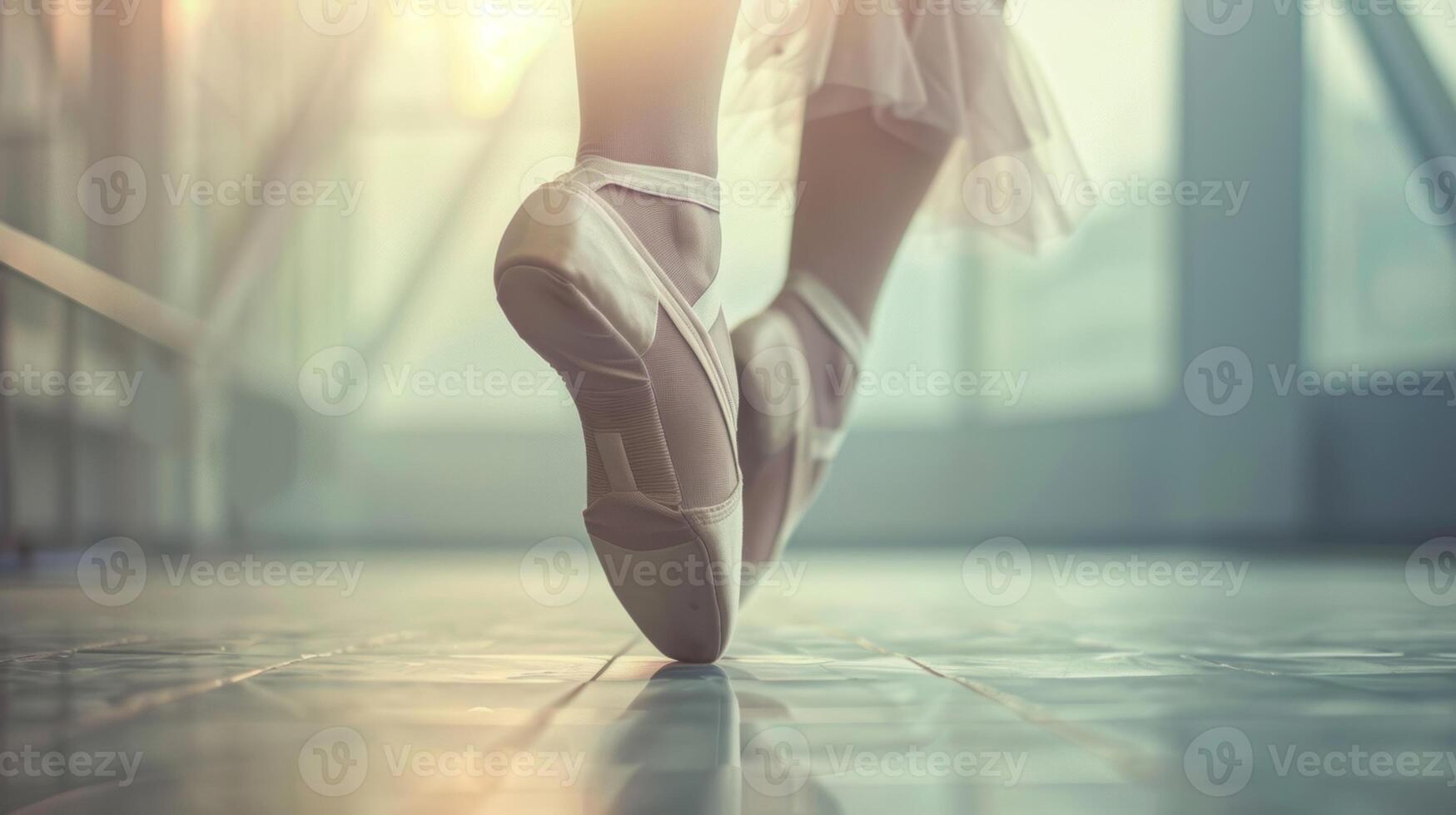 A pair of delicate pointe shoes hovering above the ground in a perfect ballet pose photo