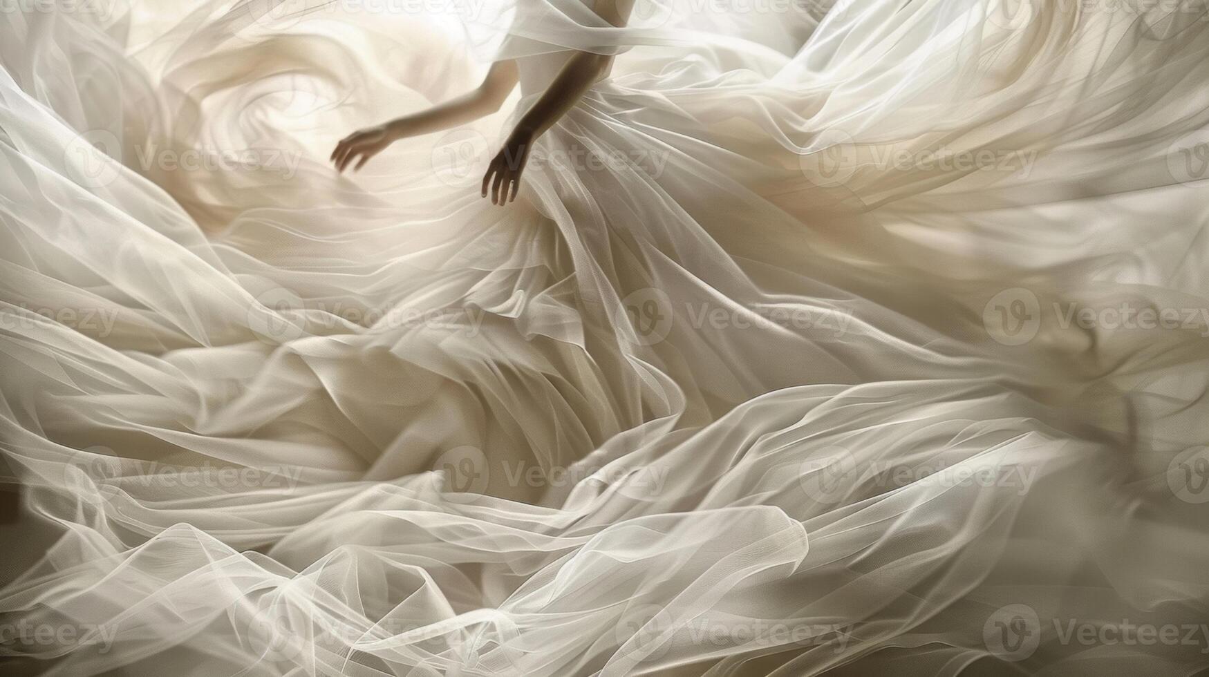 A billowing tulle tutu caught midleap with layers of fabric floating in every direction photo