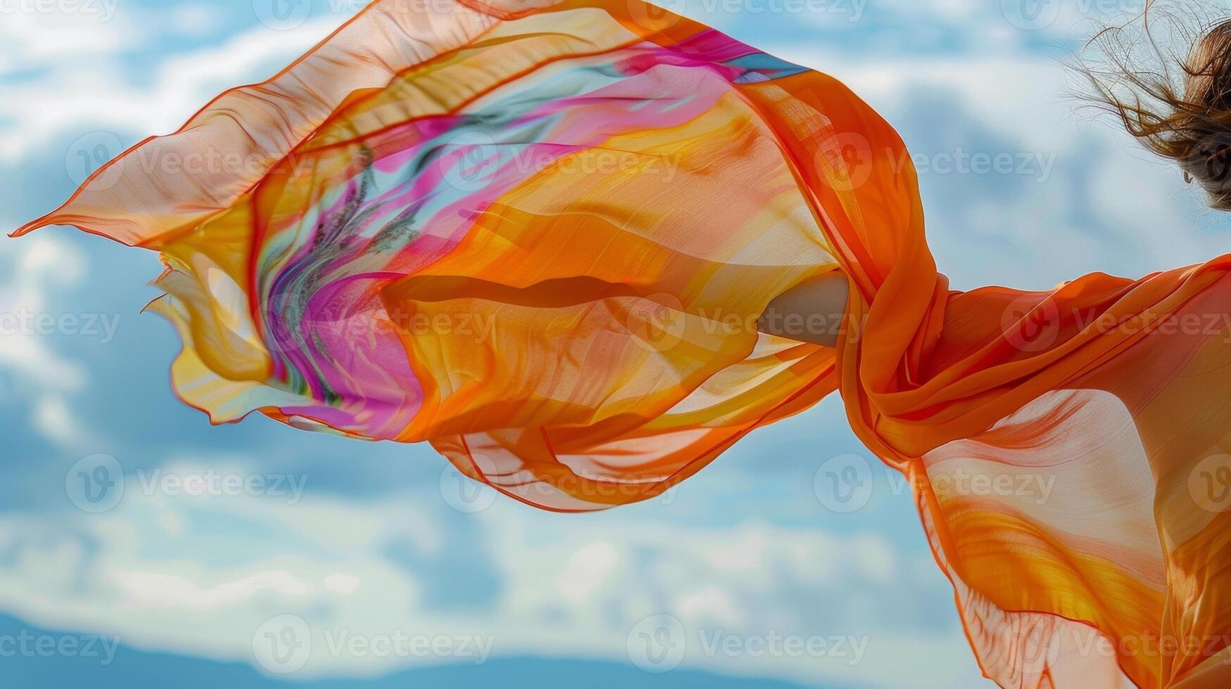 The lightweight foulard scarf flutters effortlessly giving a carefree and breezy feel to the outfit photo