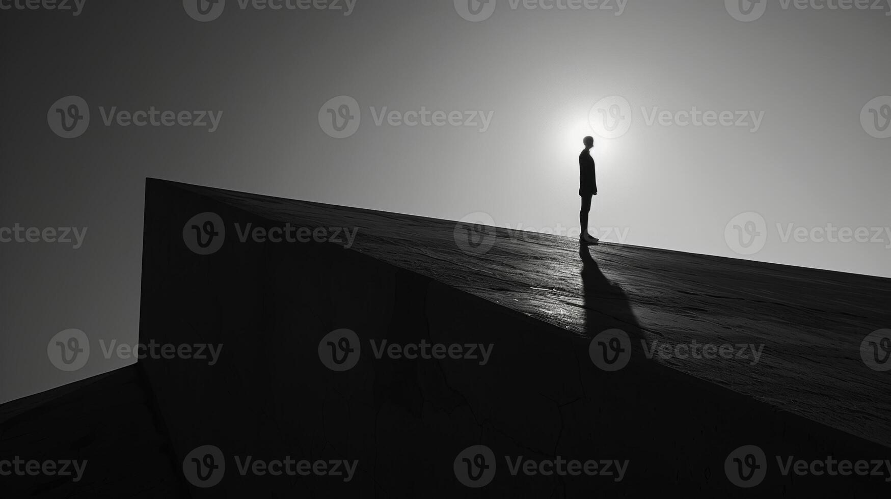 A person standing on the edge of a rooftop their shadow stretching out into the infinite darkness. Black and white art. photo