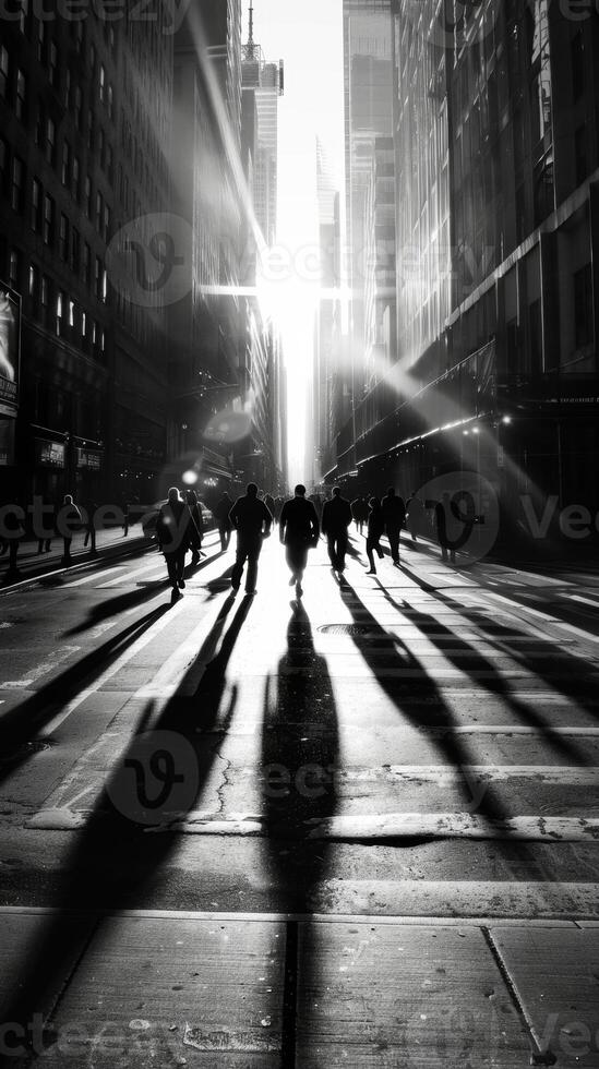 The tall shadows of skyscrs stretching across a busy street creating a mazelike atmosphere. Black and white art. photo