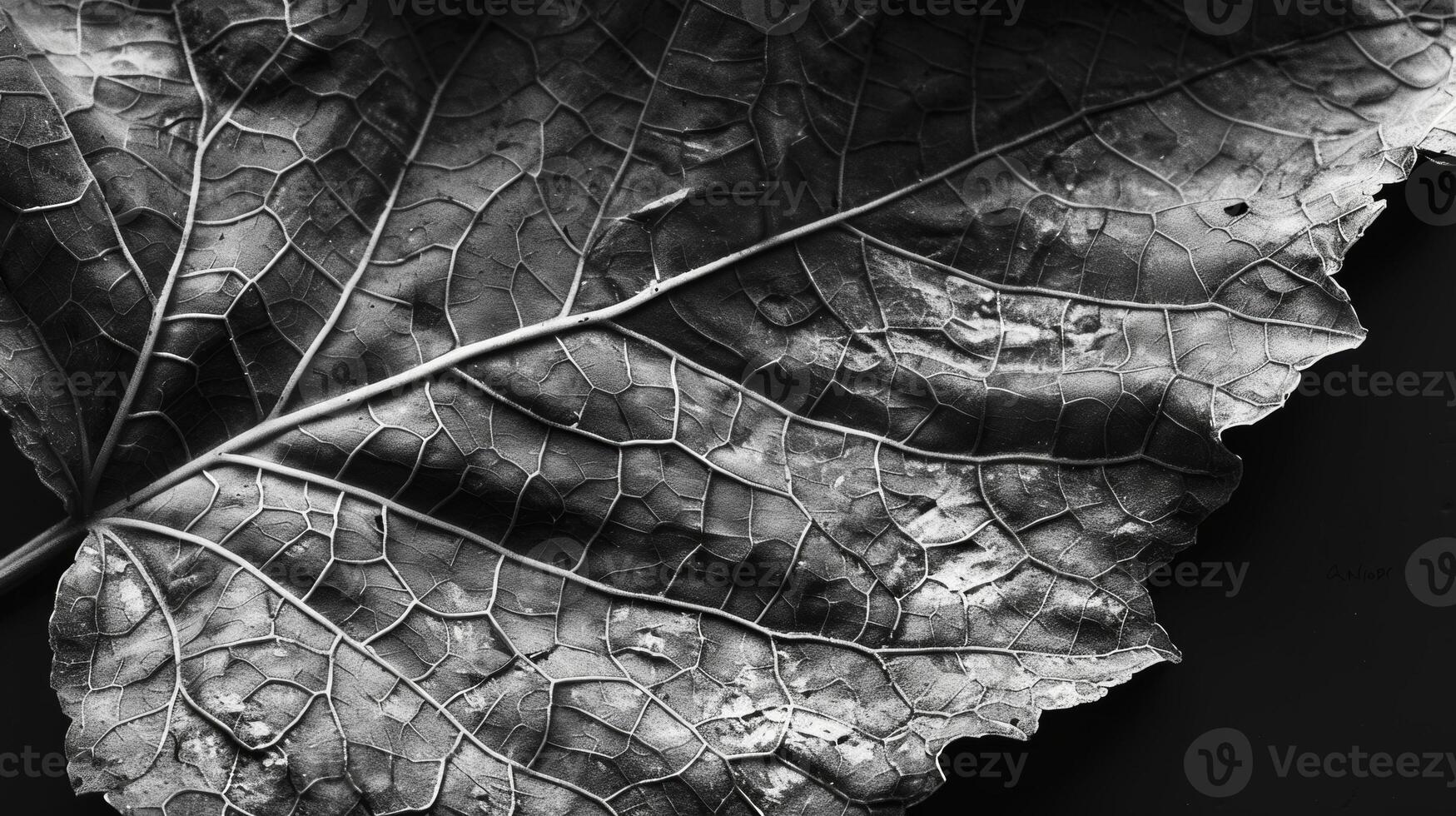 A wilted leaf takes on a new beauty with its intricate network of wrinkles and folds captured in black and white. Black and white art. photo
