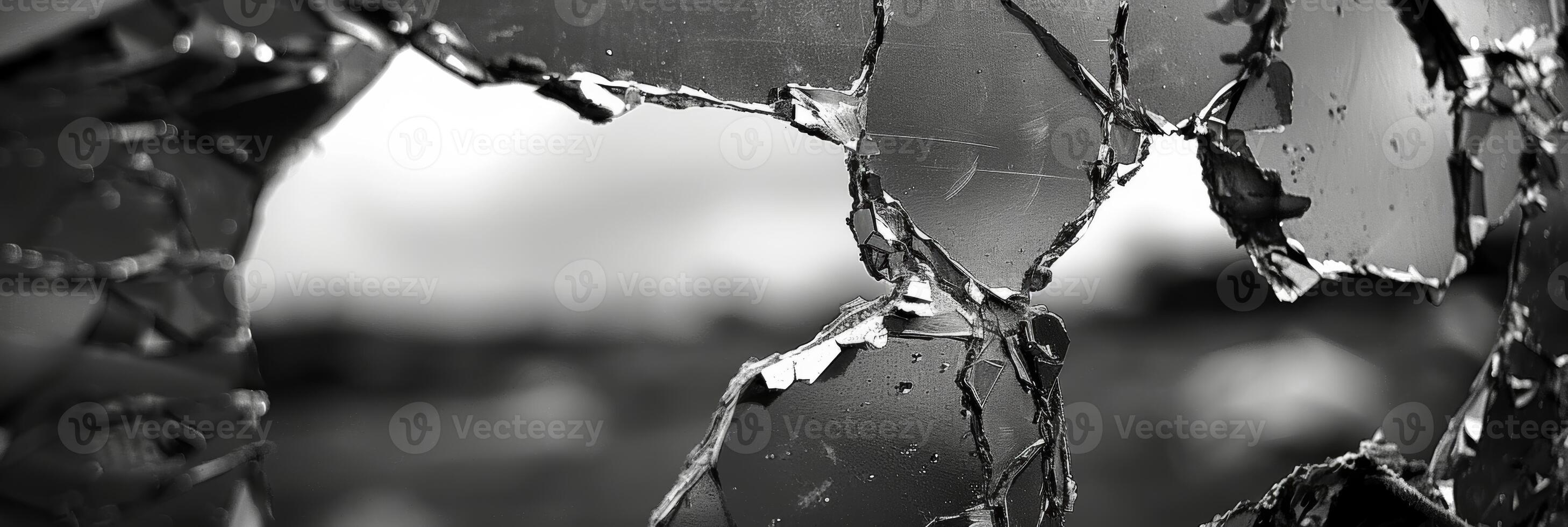 A torn old photograph peeks out from behind the reflective surface of a broken mirror. Black and white art. photo