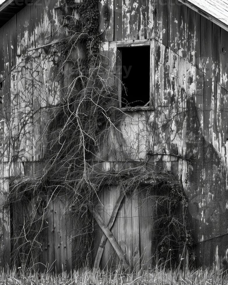Natures hand has left its mark on the barn with moss and vines slowly creeping up its sides. Black and white art. photo